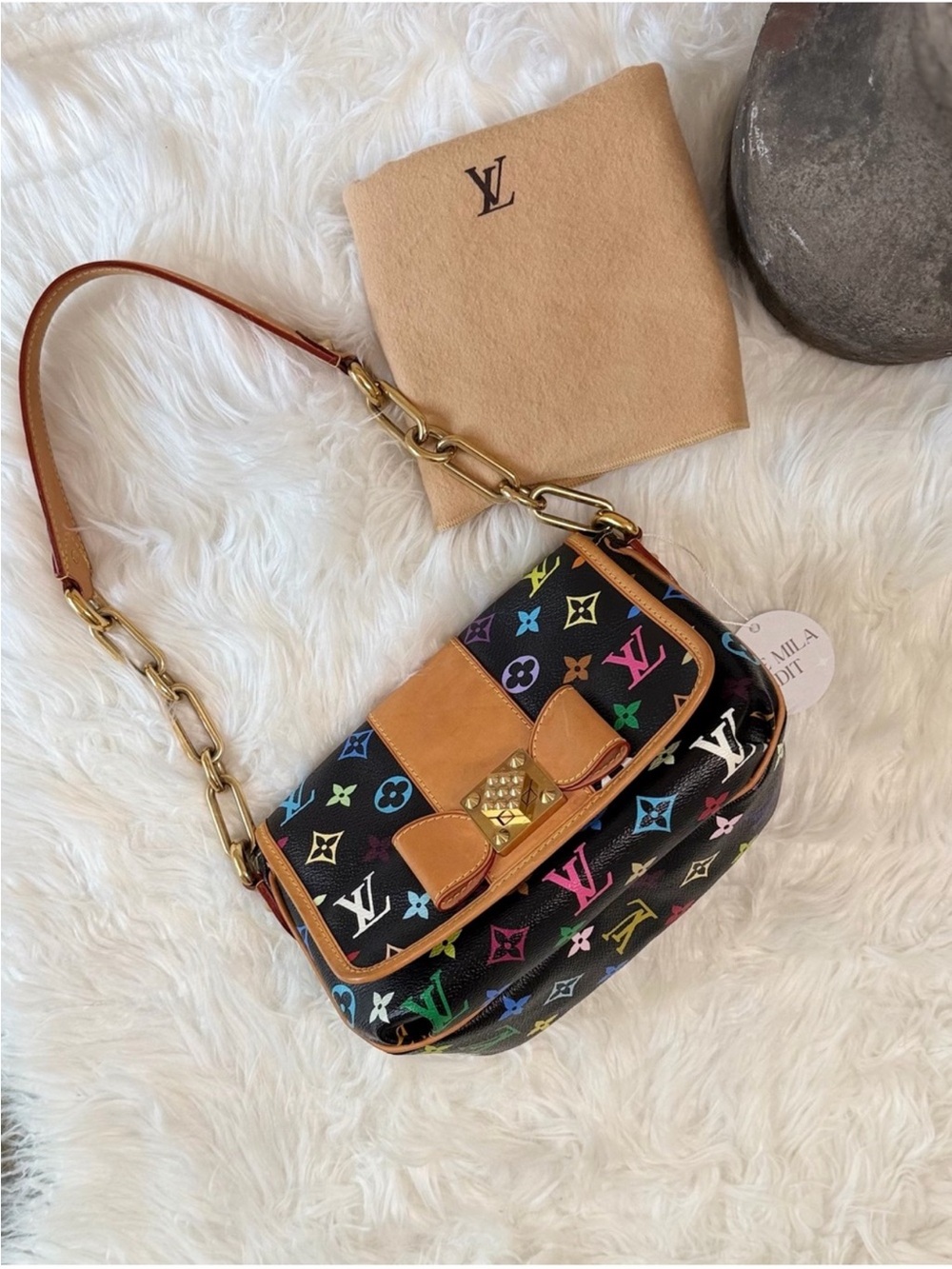 Louis Vuitton Black Multicolor Monogram Canvas Shoulder Bag with Tan Trim